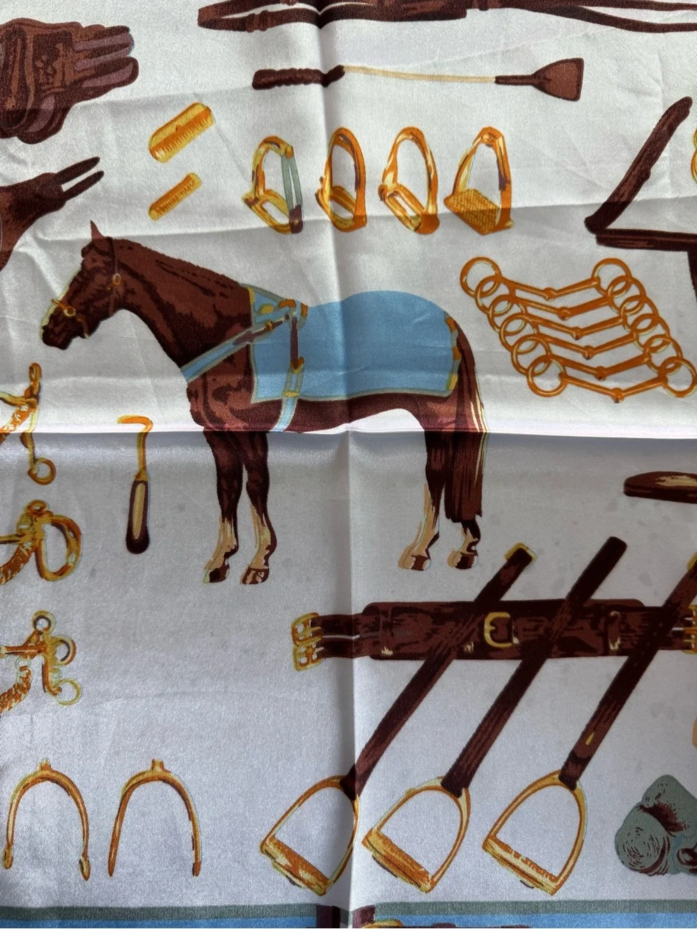 Horse Tack Print Silk-Feel Pocket Square - Blue, Brown, Gold